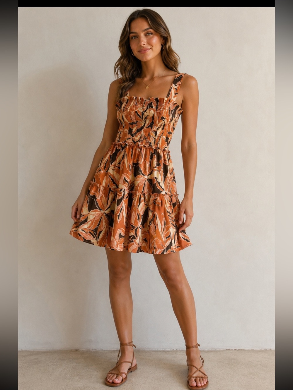NWT- BOHO Shore tiered dress with smocking. Earthy tones. M